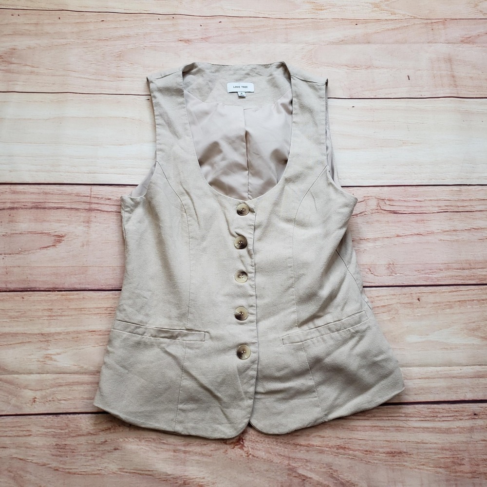 Love Tree Vest Womens Small Beige Collarless Lined Pockets Button Viscose Rayon
